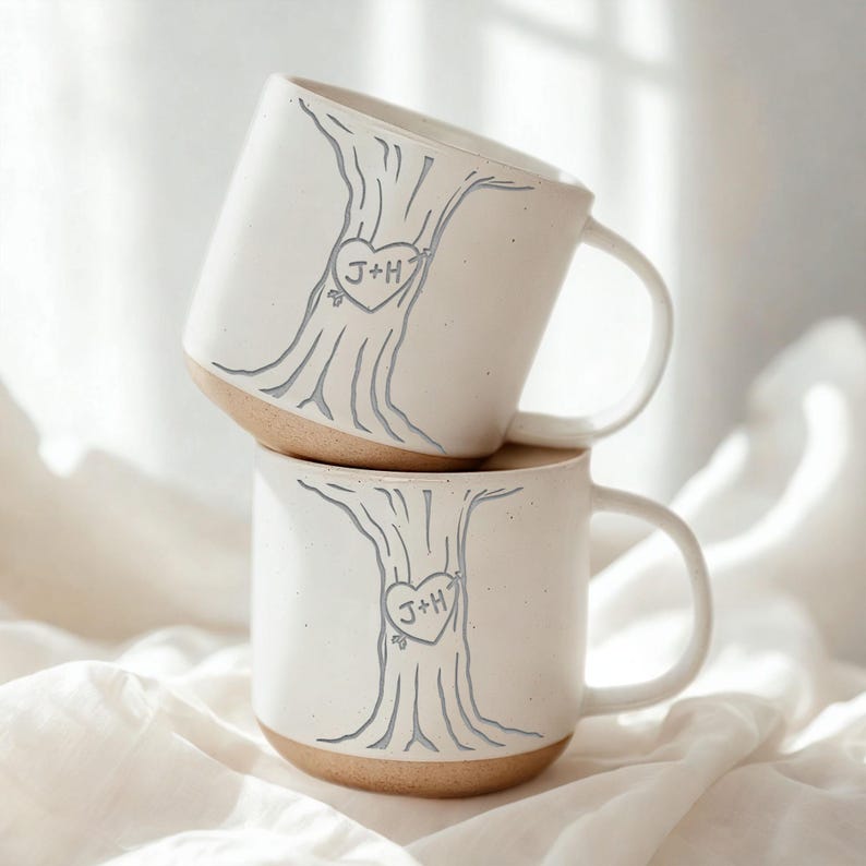 Personalised Engraved Couple Pottery Mug, Wedding Gift, Custom Carved Initials In A Heart Tree Couple Mug, Engagement Gifts, Newlywed Gift