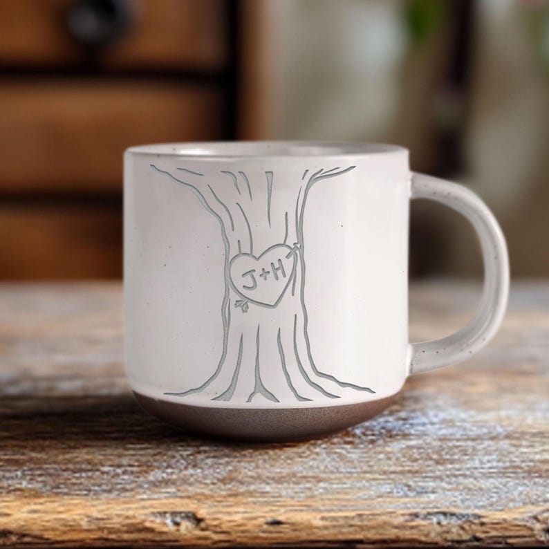 Personalised Engraved Couple Pottery Mug, Wedding Gift, Custom Carved Initials In A Heart Tree Couple Mug, Engagement Gifts, Newlywed Gift