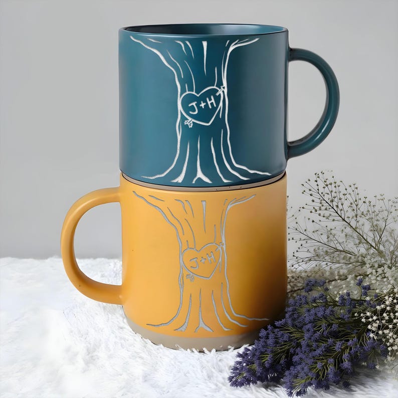 Personalised Engraved Couple Pottery Mug, Wedding Gift, Custom Carved Initials In A Heart Tree Couple Mug, Engagement Gifts, Newlywed Gift