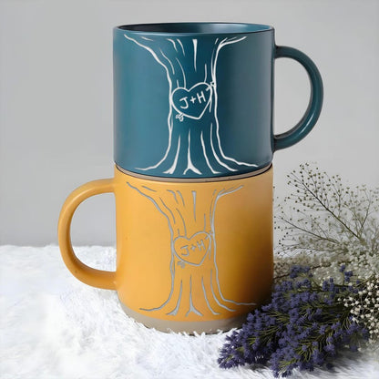Personalised Engraved Couple Pottery Mug, Wedding Gift, Custom Carved Initials In A Heart Tree Couple Mug, Engagement Gifts, Newlywed Gift