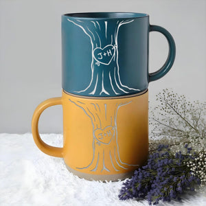 Personalised Engraved Couple Pottery Mug, Wedding Gift, Custom Carved Initials In A Heart Tree Couple Mug, Engagement Gifts, Newlywed Gift