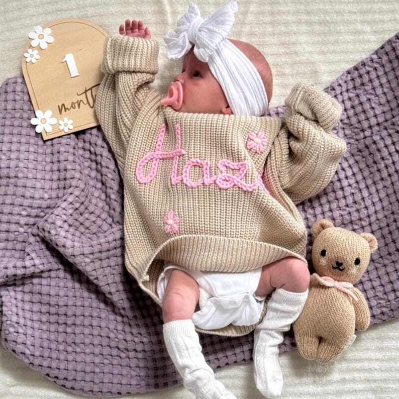 Personalized Baby Sweater with Name, Custom Name Knit Jumper, Baby Girl Boy Cardigan, Hand Embroidered Toddler Sweater, First Birthday Gift