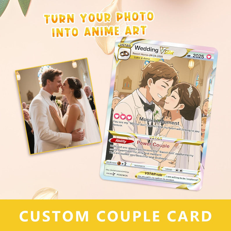 Personalized Pokemon Anniversary Card, Anime Wedding Card, Custom Couple Photo Gift, Valentine's Day Gift, Anniversary Present for Him & Her