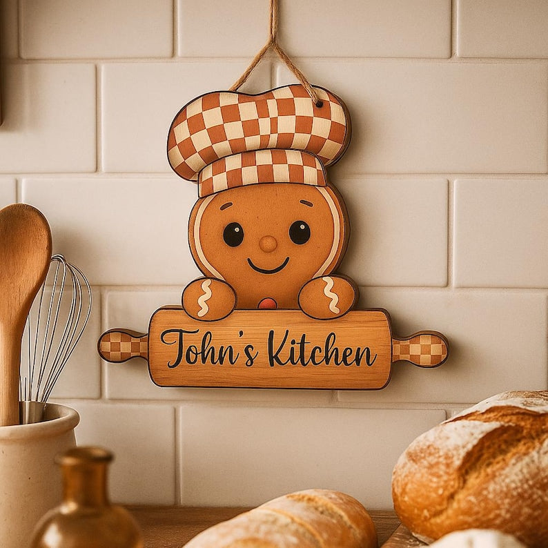 PERSONALIZABLE Kitchen Wooden Sign, CUSTOM Gingerbread Chef Rolling Pin Wall Hanging, Cute Bakery Decor, Christmas Gift for Friends & Family