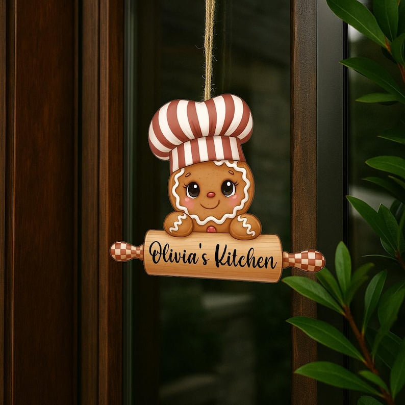 PERSONALIZABLE Kitchen Wooden Sign, CUSTOM Gingerbread Chef Rolling Pin Wall Hanging, Cute Bakery Decor, Christmas Gift for Friends & Family
