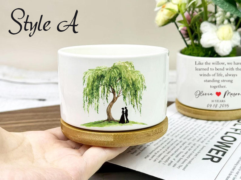 Willow Tree Ceramic Pot Wedding Keepsake Gift, 9 Years Anniversary Pot, Custom Willow Tree Pot Gift, Personalised Flower Pot Gift for Couple