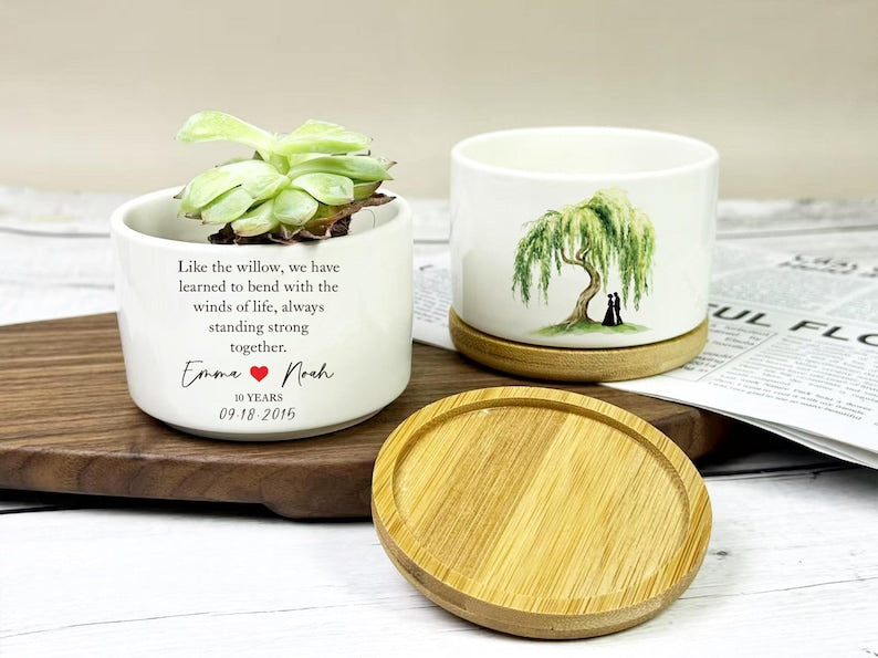 custom ceramic flower pot Willow Tree Ceramic Pot Wedding Keepsake Gift, 9 Years Anniversary Pot, Custom Willow Tree Pot Gift, Personalised Flower Pot Gift for Couple