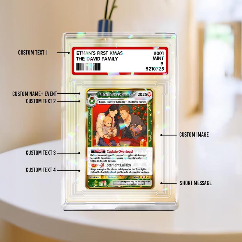 Personalized Poke Christmas Card Acrylic Plaque, Custom Photo Gift for Family, Turn Your Photo Into Anime, Xmas Style Trading Card, Poke-Style Collectible