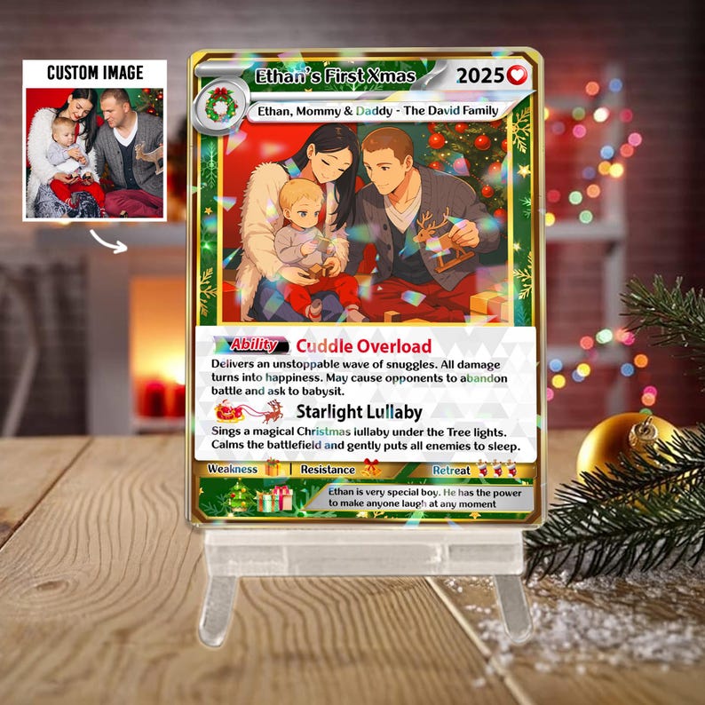 Turn Your Family Into Cartoon In Christmas, Custom Family Poke Xmas Trading Card Using Photo + Name, First Christmas Holographic Card