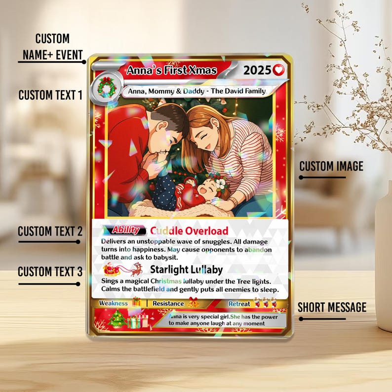 Turn Your Family Into Cartoon In Christmas, Custom Family Poke Xmas Trading Card Using Photo + Name, First Christmas Holographic Card