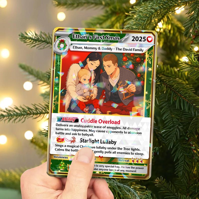holographic christmas card Turn Your Family Into Cartoon In Christmas, Custom Family Poke Xmas Trading Card Using Photo + Name, First Christmas Holographic Card