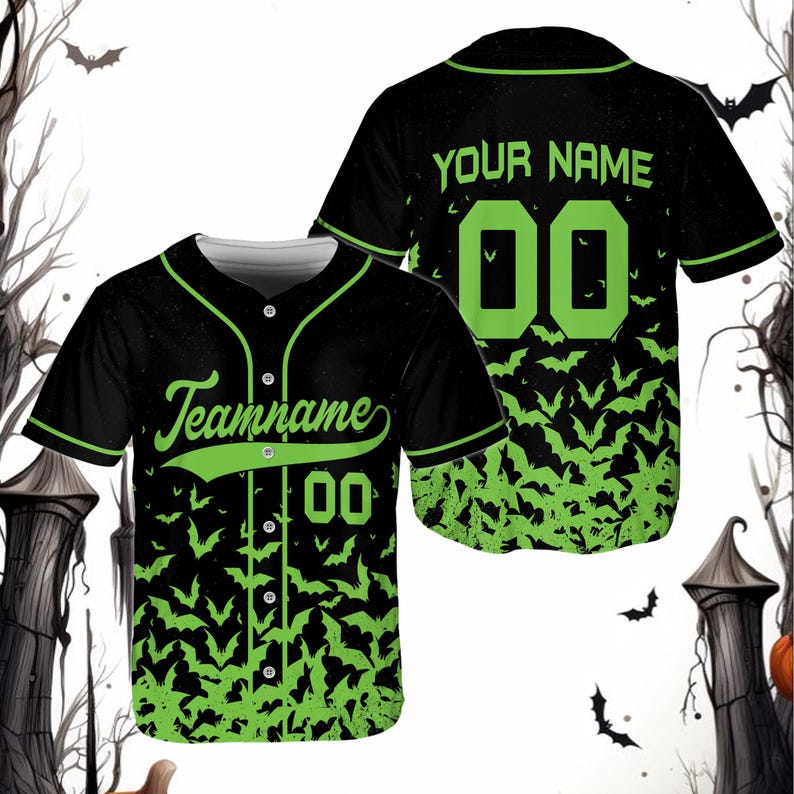 Custom Halloween Baseball Jersey with Personalized Name and Number, Spooky Flying Bats Print, Unique Costume Gift for Halloween Party