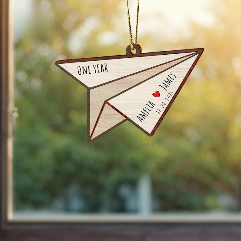 Paper Airplane Christmas Wood 2 Layers Ornament, 1st Wedding Anniversary Gift, Personalized Paper Traditional 1st Wedding Anniversary Gifts
