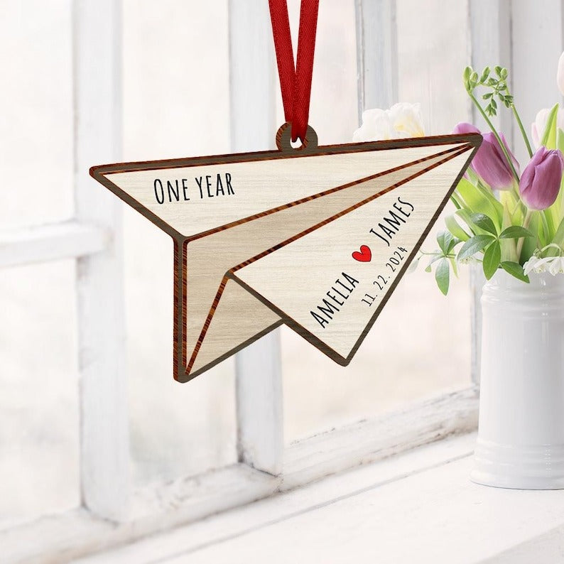 Paper Airplane Christmas Wood 2 Layers Ornament, 1st Wedding Anniversary Gift, Personalized Paper Traditional 1st Wedding Anniversary Gifts