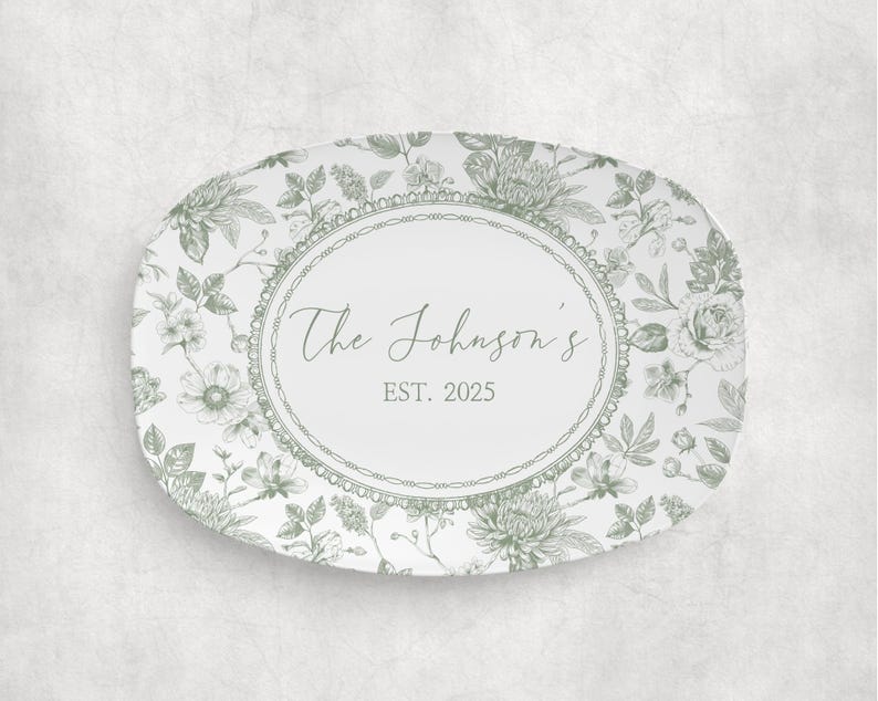Custom Sage Green Toile de Jouy Platter Personalized Mr. and Mrs. Wedding Gift Family Name Plate Unique Gift Bride and Groom Bridal Shower