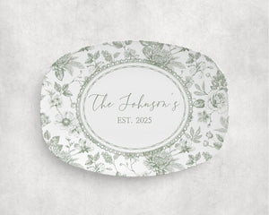 Custom Sage Green Toile de Jouy Platter Personalized Mr. and Mrs. Wedding Gift Family Name Plate Unique Gift Bride and Groom Bridal Shower