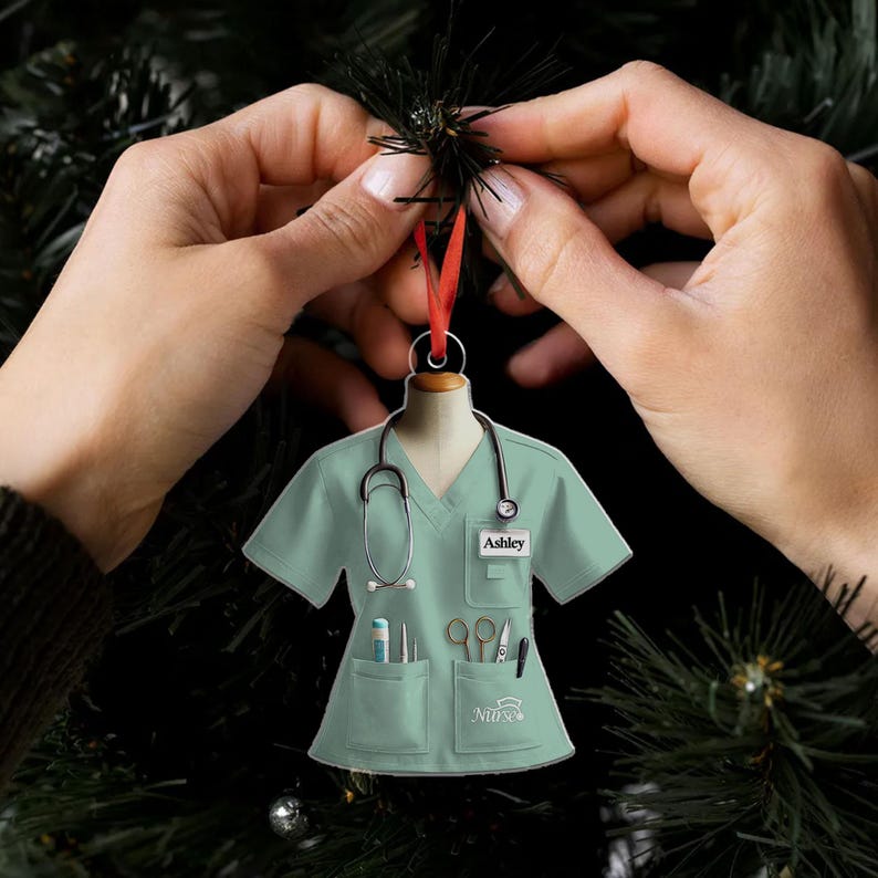 Personalized Nurse Scrubs 2D Flat Ornament, Custom Name Nurse Uniform Car Ornament, Nurse Gift For Nurse Flat Ornament, Stethoscope Nurse
