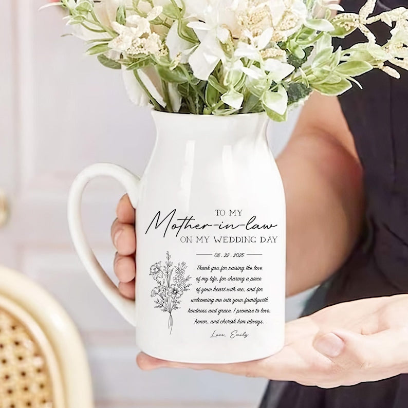 Custom Flower Vase For Mother Of The Bride & Groom, Mother of the Bride Ceramic Vase, Wedding Gift for Mom, Mom in Law Wedding Gift