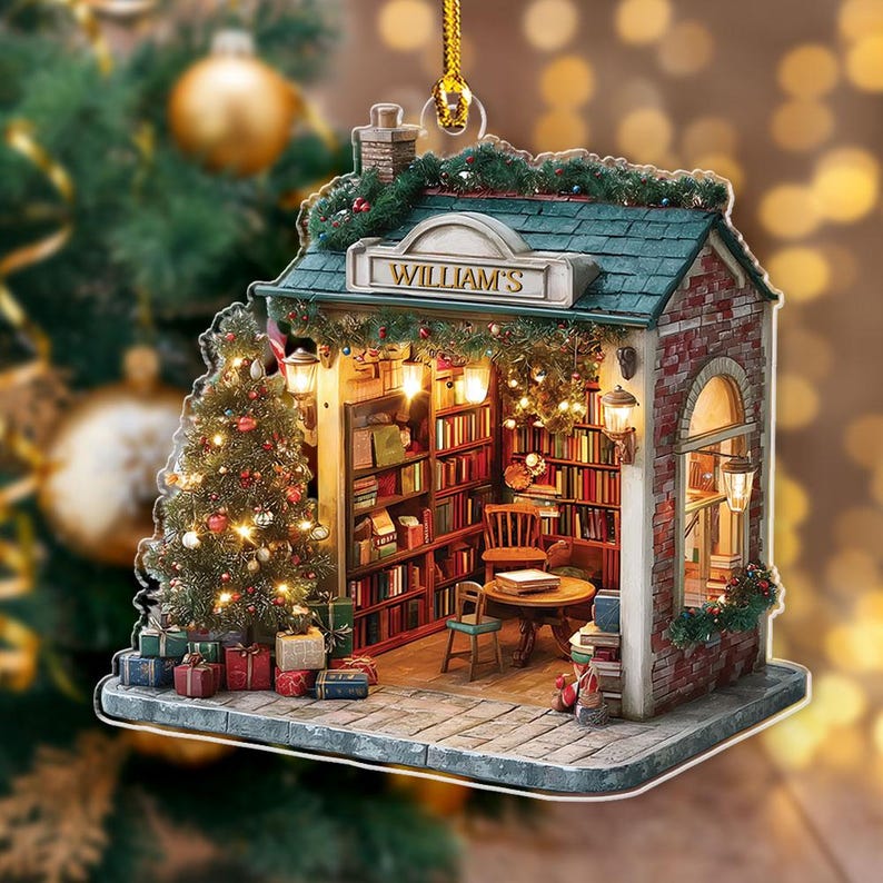 Personalized Miniature Christmas Bookstore Ornament, Antique Bookshop Decor With Tree & Lights, Book Lovers Gifts, Bookish Ornament 2025