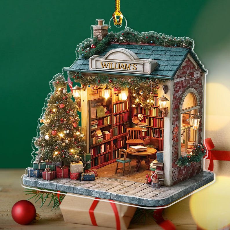 Personalized Miniature Christmas Bookstore Ornament, Antique Bookshop Decor With Tree & Lights, Book Lovers Gifts, Bookish Ornament 2025