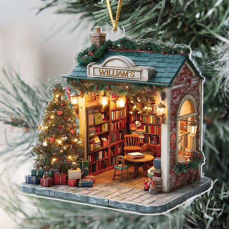 Personalized Miniature Christmas Bookstore Ornament, Antique Bookshop Decor With Tree & Lights, Book Lovers Gifts, Bookish Ornament 2025