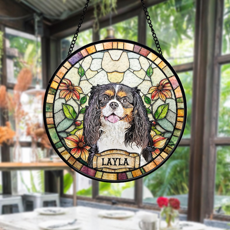 Personalized Dog Portrait Stained Glass Suncatcher, Custom Pet Memorial Stained Glass Photo Suncatcher, Dog Loss Keepsake, Pet Loss Gift