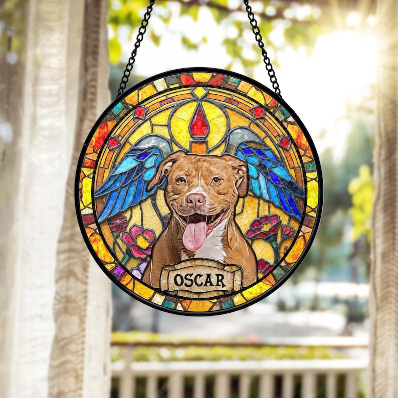 Personalized Dog Portrait Stained Glass Suncatcher, Custom Pet Memorial Stained Glass Photo Suncatcher, Dog Loss Keepsake, Pet Loss Gift