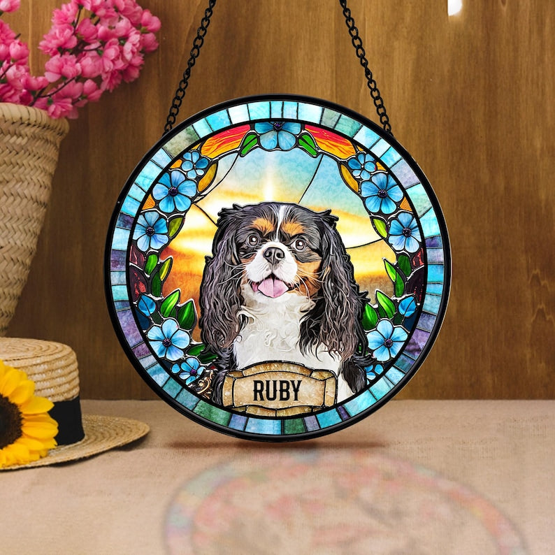 Personalized Dog Portrait Stained Glass Suncatcher, Custom Pet Memorial Stained Glass Photo Suncatcher, Dog Loss Keepsake, Pet Loss Gift