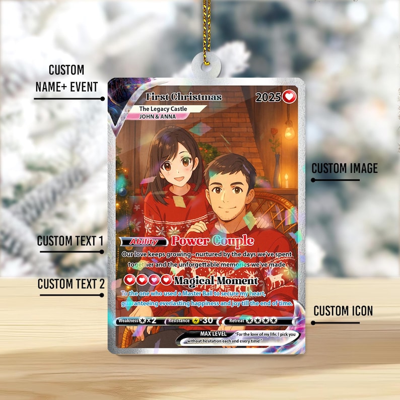 Personalized Couple Anime Photo Ornament, Poke Love Acrylic Card, Romantic Couple Gift for Christmas, Custom Acrylic Couple's Keepsake