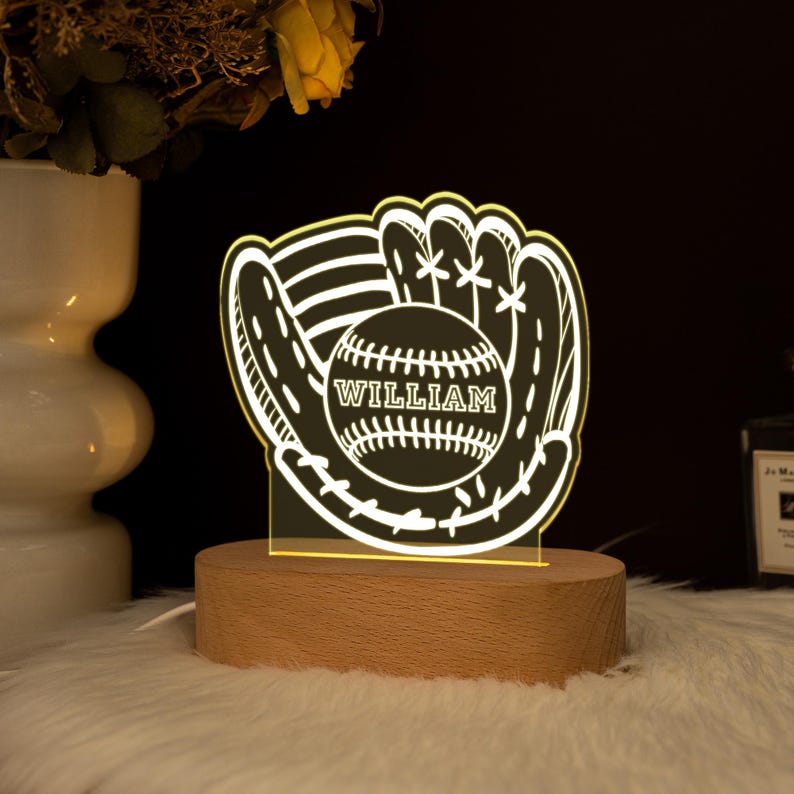 Personalized Baseball Glover LED Night Light, Custom Baseball Night Lamp, Gift for Baseball Player, Sports Decor, Kids Bedroom Decor Light