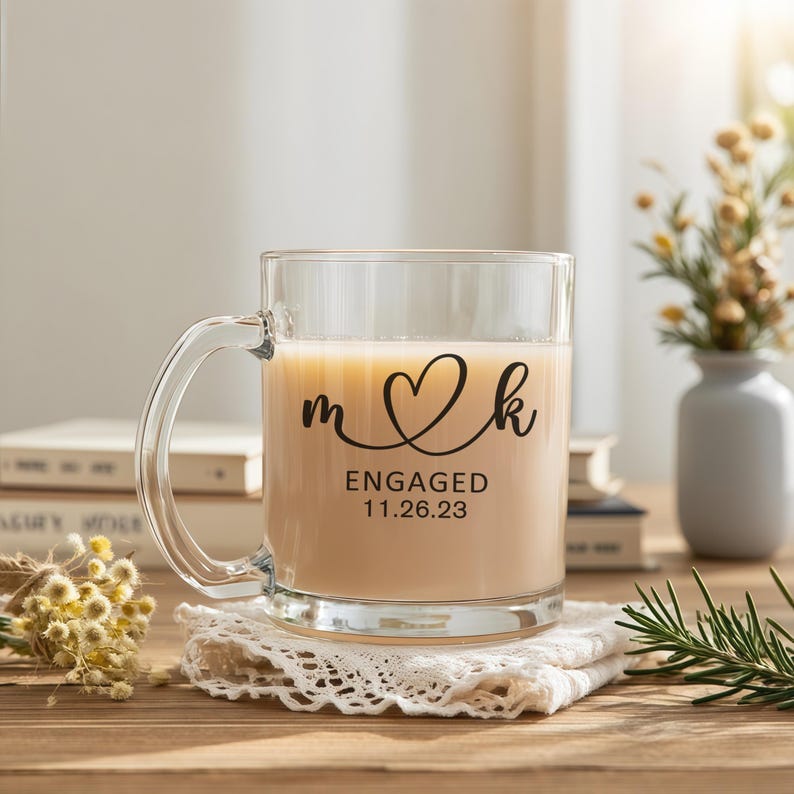 Personalised Engagement Glass Mug, Custom Wedding Mugs, Engagement Gifts, Wedding Gifts for Couple, Bridal Shower Gifts