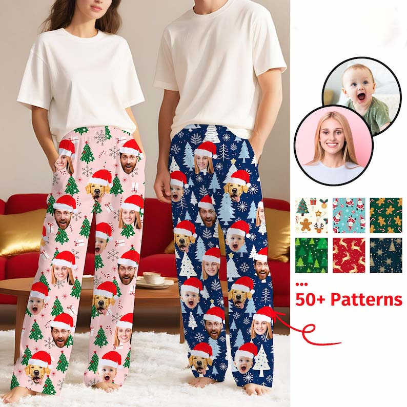 Custom Christmas Family Pajamas Pant: Personalized Santa Hat Face Photo Pjs, Xmas Gift