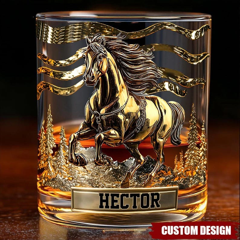 Personalized Horse Whiskey Glass, Cowboy Whiskey Glass Gold, Custom Name Riding Glass, Western Barware Whiskey Glass, Gift For Him