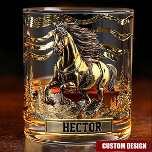 Personalized Horse Whiskey Glass, Cowboy Whiskey Glass Gold, Custom Name Riding Glass, Western Barware Whiskey Glass, Gift For Him
