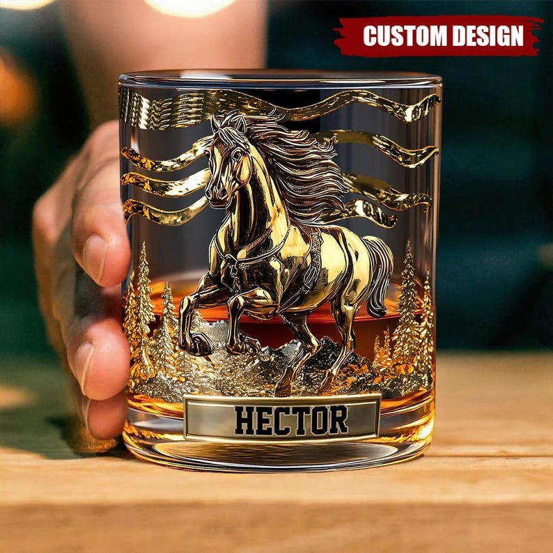 Personalized Horse Whiskey Glass, Cowboy Whiskey Glass Gold, Custom Name Riding Glass, Western Barware Whiskey Glass, Gift For Him