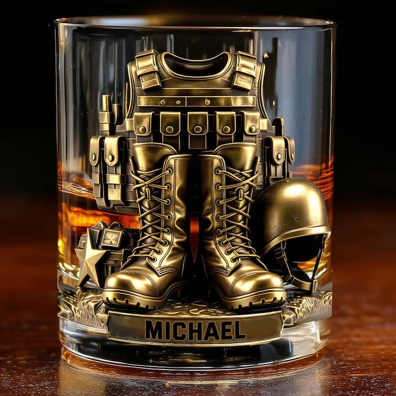 Custom Name 250th US Military Whiskey Glass Gold, Soldier Boots Whiskey Glass, Army Veteran Whiskey Cup, Retro Barware Decor Gift