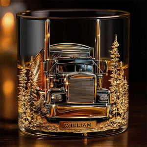 Personalized Truck Whiskey Glass Gold, Whiskey Glass For Trucker Drivers, Retro Barware Decorations, Cars Glass Cup For Him