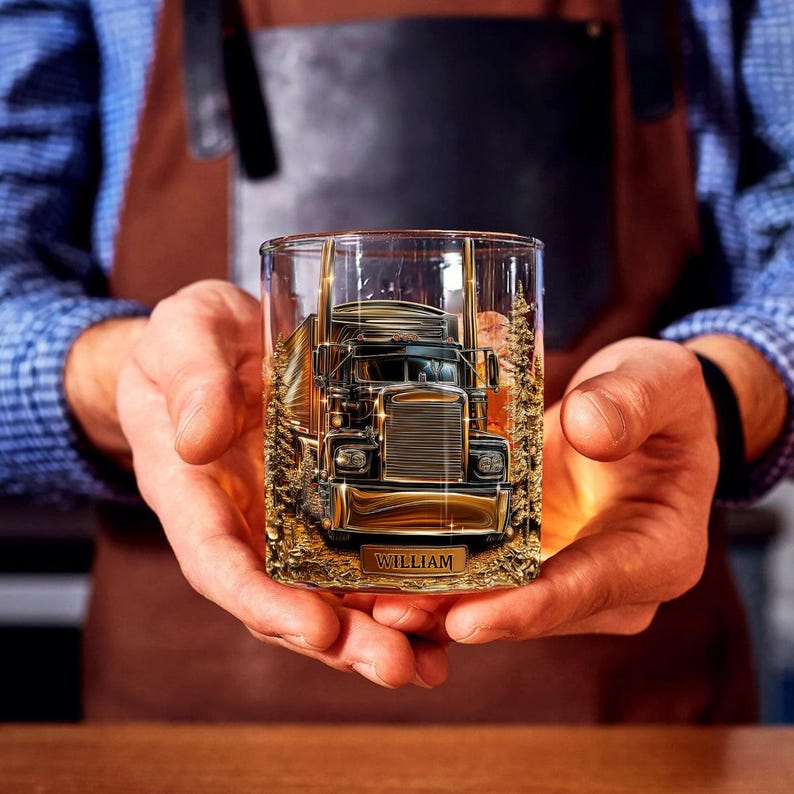 Personalized Truck Whiskey Glass Gold, Whiskey Glass For Trucker Drivers, Retro Barware Decorations, Cars Glass Cup For Him