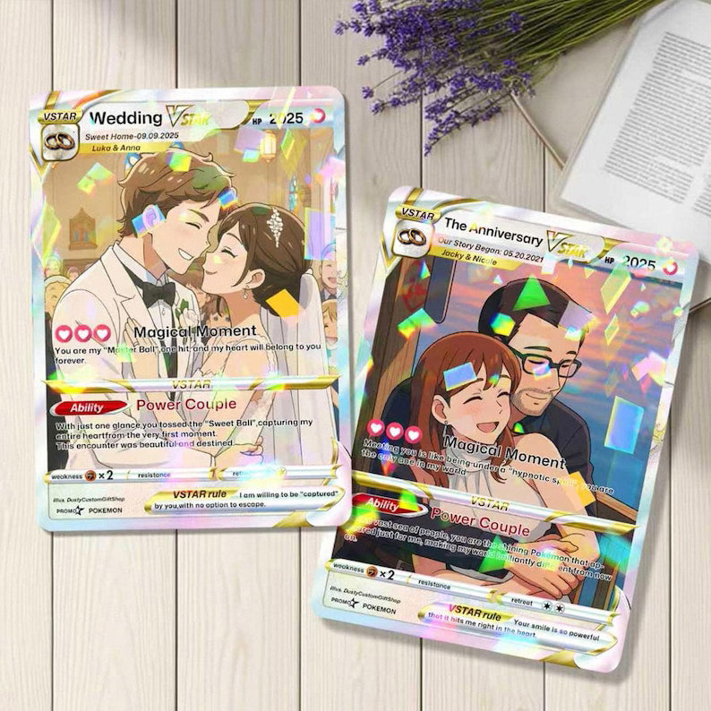 pokemon card couple Personalized PKM Anniversary Card, Anime Wedding Card, Custom Couple Photo Gift, Valentine's Day Gift, Anniversary Present for Him & Her