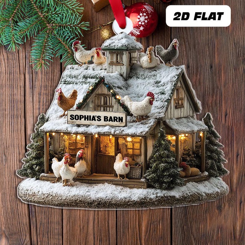 Personalized Name Farmhouse Chicken Christmas Ornament, Chicken Barn Ornament, Farmhouse Holiday Tree Decor For Xmas, Farmhouse Decor