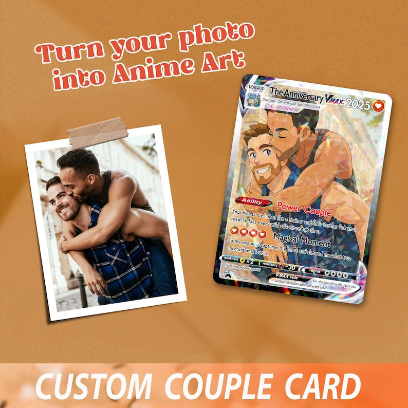 Personalized Anniversary Card, Custom Photo Pkm Card, LGBT Couple Gift, Anime Wedding Card, Custom Poke Card for Couple, Valentine's Day Gift