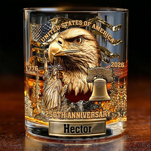 Personalized USA 250th Anniversary Whiskey Glass, Eagle Whiskey Glass Gold, American 1776 2026 Whiskey Cup, Patriotic Cup Gift For Him