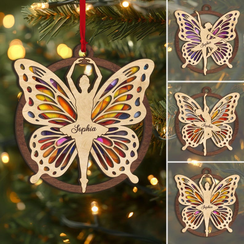 Personalized Ballerina Layered Wood Ornament, Custom Name Ballet Christmas Tree Ornament, Girls Christmas Ballet Home Decor, Butterfly Gifts