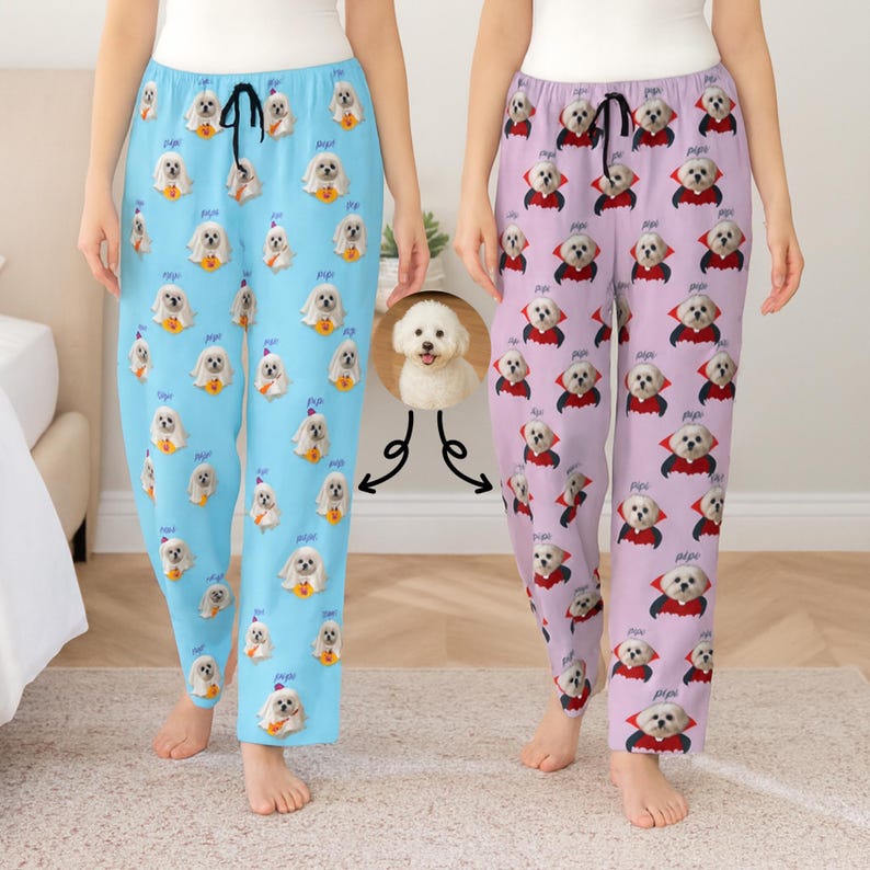 Halloween Christmas Pet Pajama Pants, Custom Dog Cat Face Pjs, Personalized Holiday Pajamas for Women, Fun Gift for Pet Lovers Christmas Gift
