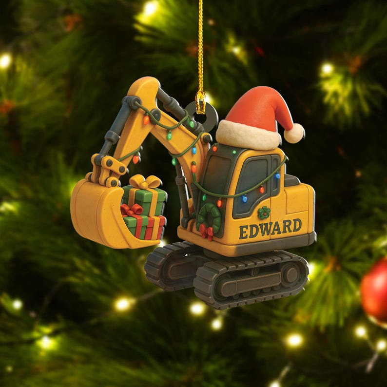 Personalized Excavator Christmas Ornament: Construction Truck Holiday Decor