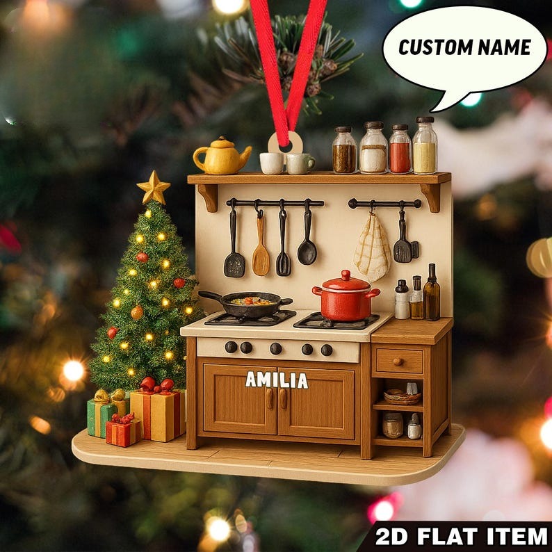 Custom Name Kitchen Ornament 2D Flat Ornament, Cooking Stove Christmas Decoration with Pots, Utensils & Tree Personalized Chef Gift