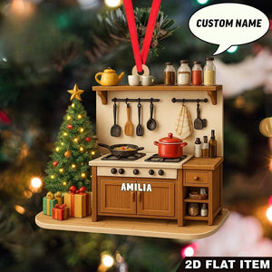 Custom Name Kitchen Ornament 2D Flat Ornament, Cooking Stove Christmas Decoration with Pots, Utensils & Tree Personalized Chef Gift