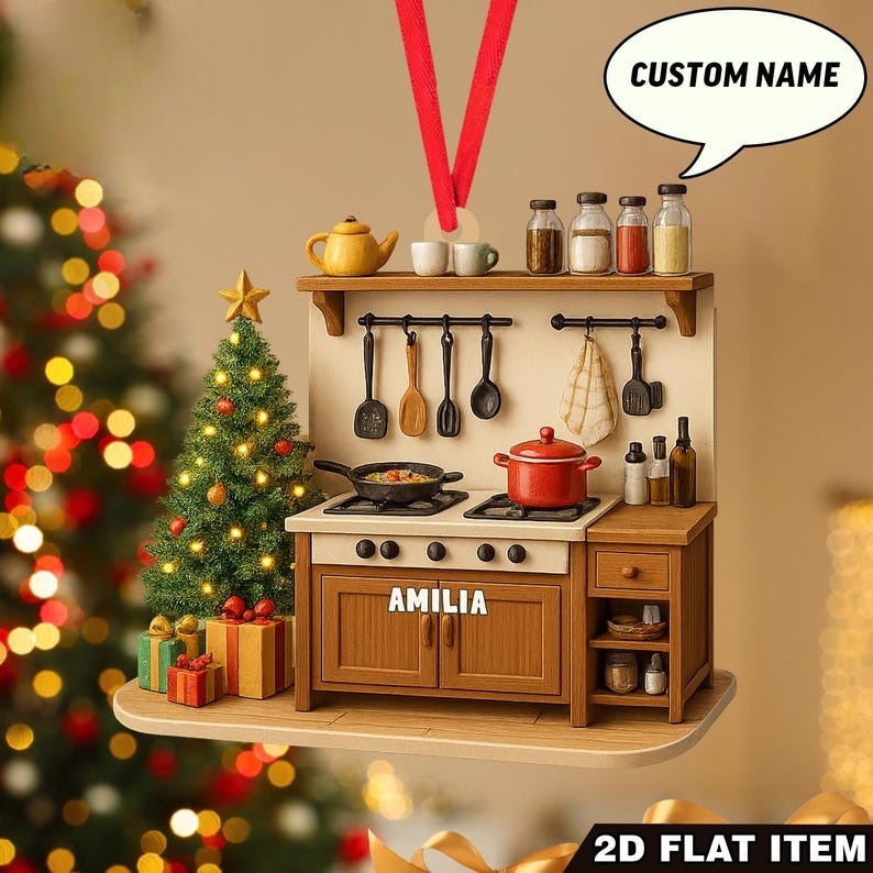 Custom Name Kitchen Ornament 2D Flat Ornament, Cooking Stove Christmas Decoration with Pots, Utensils & Tree Personalized Chef Gift