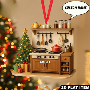 Custom Name Kitchen Ornament 2D Flat Ornament, Cooking Stove Christmas Decoration with Pots, Utensils & Tree Personalized Chef Gift