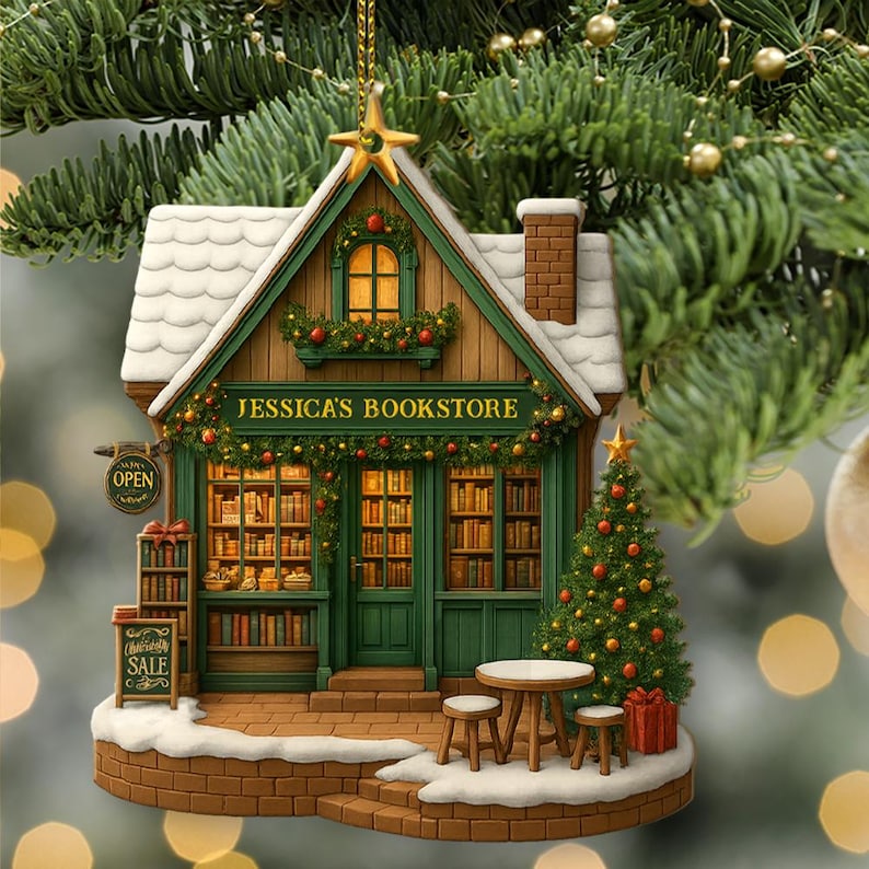 Custom Name Bookstore Ornament, Personalized Bookshelf Keepsake, Bookish Christmas Gift Librarian Book Club 2D Flat Ornament for Book Lover